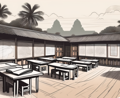 A traditional cambodian classroom setting with desks