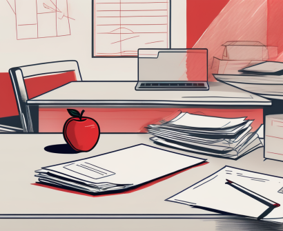 A classroom desk entangled in red tape