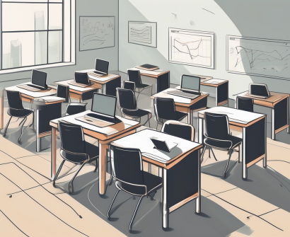 A classroom setting in saudi arabia with scattered desks