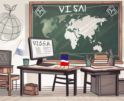 A classroom setting in thailand with a chalkboard displaying a visa symbol