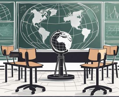 A classroom setup with a globe