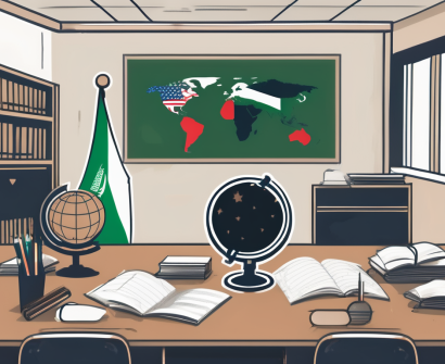 A classroom setting with american and saudi arabian flags
