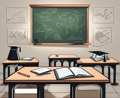 A classroom setting with a teacher's desk