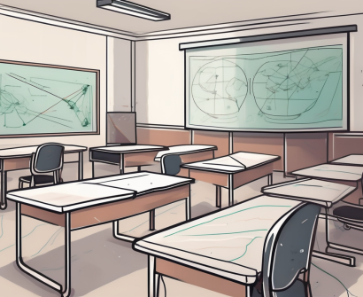 A classroom setting with contrasting elements on two halves