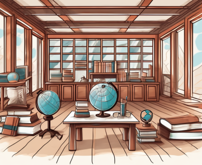 A traditional mongolian school building with a globe and various educational tools like books
