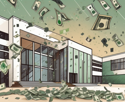 A modern saudi arabian school building with a symbolic representation of different currencies raining down on it