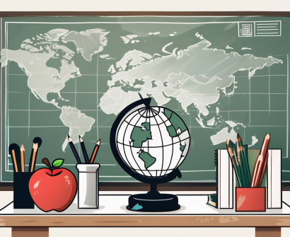 A classroom setting with a globe