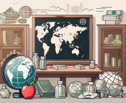 A traditional japanese classroom with a chalkboard displaying various currency symbols