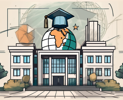 An international school building in pakistan with various educational symbols like books