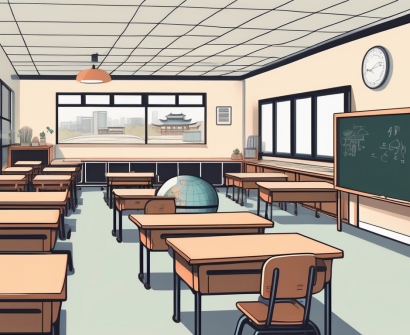 A classroom setting with a chalkboard