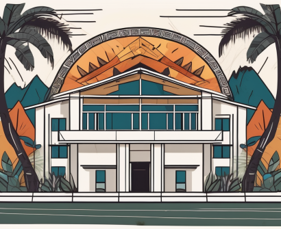 An international school building surrounded by papua new guinea's distinctive landscapes and symbols