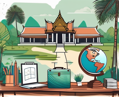 A classroom setting in cambodia with various international elements like a globe