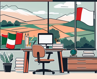 A classroom with international flags