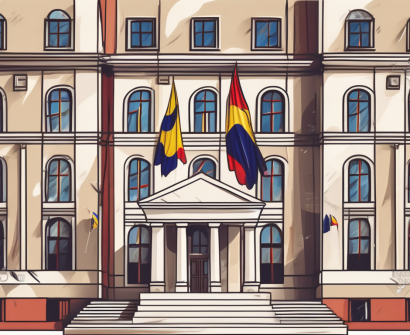 A traditional romanian school building with several international flags fluttering in the wind