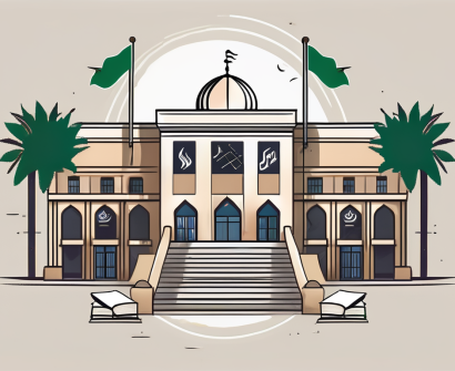 A traditional saudi arabian school building with various international flags waving in the breeze