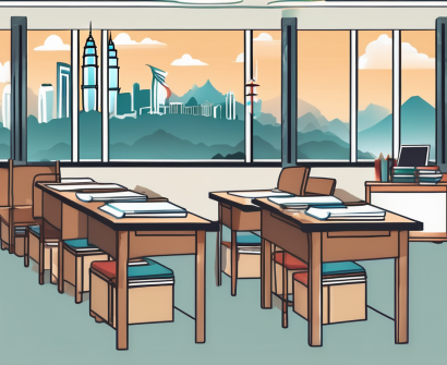 A classroom setting with a view of iconic malaysian landmarks in the background