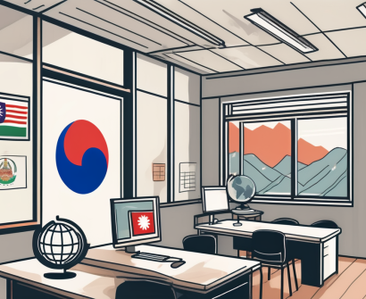 A classroom with international flags hanging from the ceiling