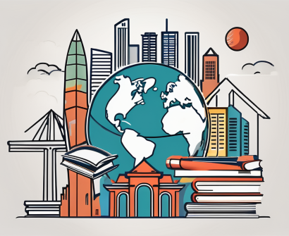 A singapore skyline with various international school buildings and symbolic icons representing teaching tools and qualifications