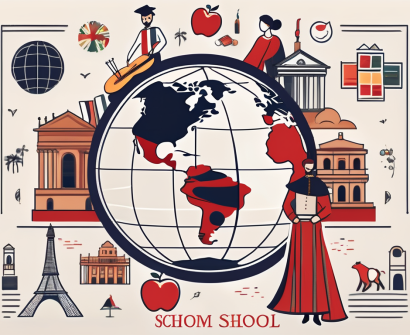 A spanish international school surrounded by various symbols of education like a globe