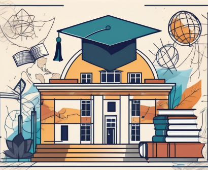 A sri lankan international school building surrounded by educational symbols like a globe