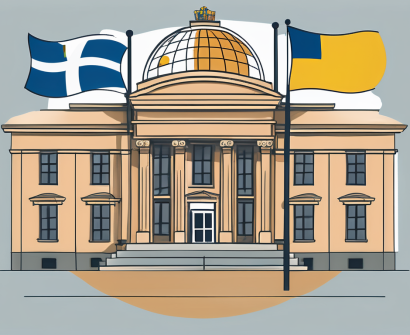 A traditional swedish school building with a globe and various international flags in the foreground