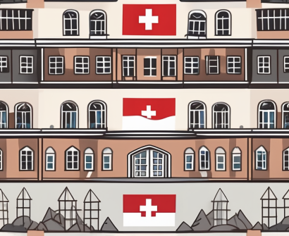 A swiss international school building surrounded by iconic swiss elements like mountains and a swiss flag