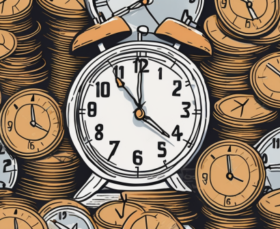A classroom clock juxtaposed with a diminishing stack of coins