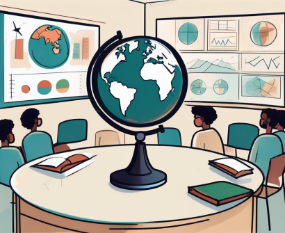 A classroom setting with diverse educational tools and a globe focusing on tunisia