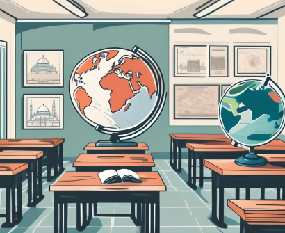 A classroom setting with a globe