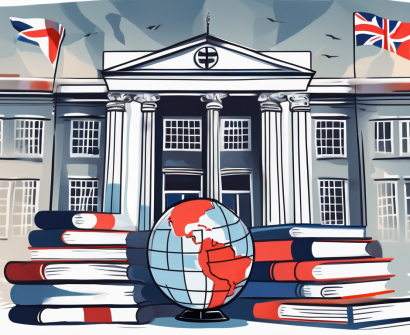 A traditional british school building with international flags fluttering around