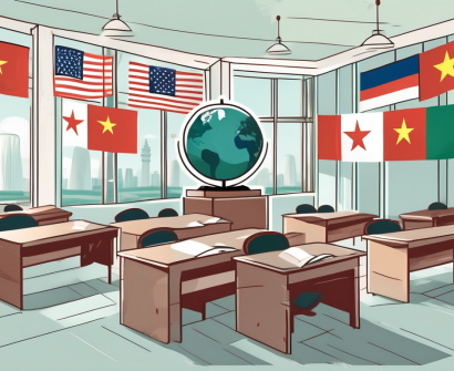 A classroom environment with various international flags