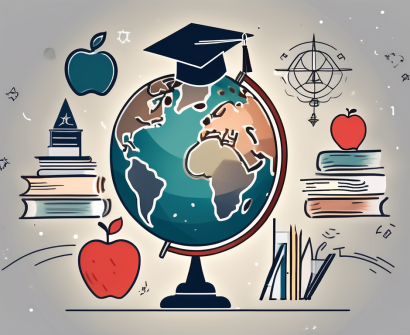 A globe with various iconic educational symbols like a graduation cap