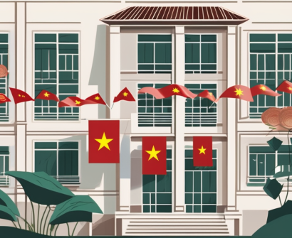 An international school building in hanoi with various national flags fluttering in the wind