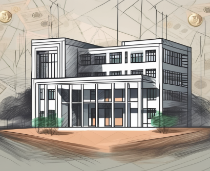 A typical international school building in bangkok with a symbolic representation of thai baht notes floating around it