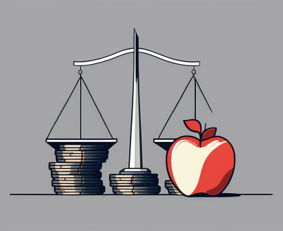 An international school building in abu dhabi with a symbolic scale balancing a stack of coins and an apple