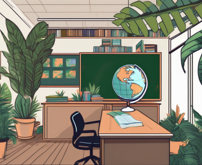 A classroom setting in brunei with a teacher's desk