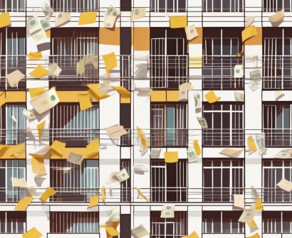 An international school building in bogota with a symbolic representation of colombian peso notes floating around it