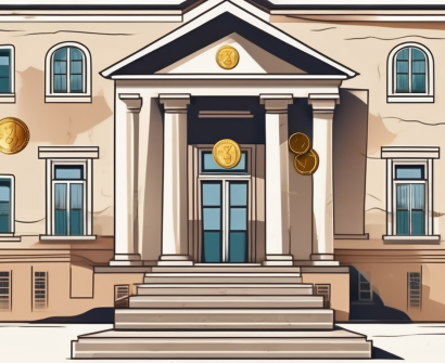 A traditional cypriot school building with a scale balancing books and coins