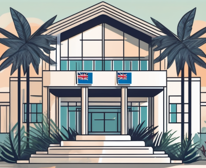 An international school building with the fijian flag flying high