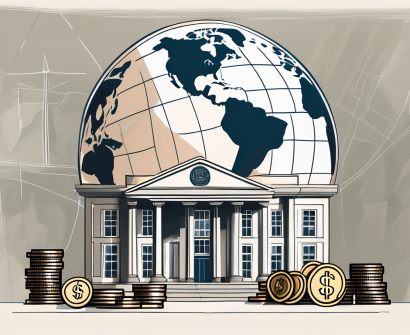 A traditional german school building with a globe and a stack of coins symbolizing international education and salary