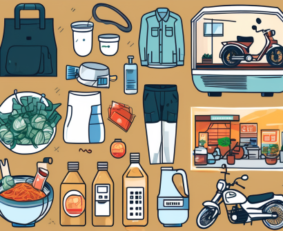 A collection of eight different items symbolizing monthly living costs in vietnam