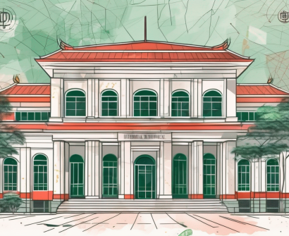 An international school building in ho chi minh city with a symbolic representation of vietnamese dong (currency) floating around it