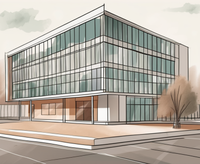 A typical international school building in madrid with a symbolic money bag placed on the school grounds