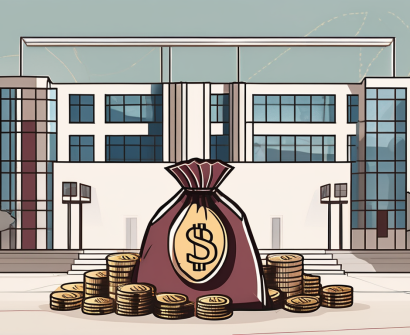 A traditional japanese school building with a global map and yen currency symbols floating around it