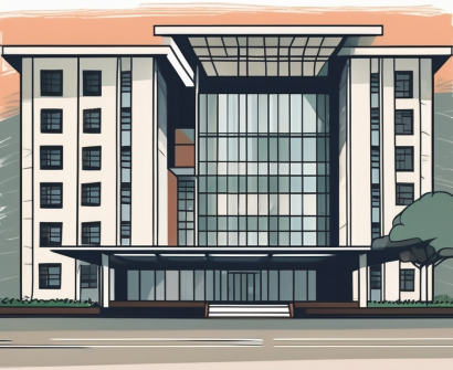 An international school building in jakarta with a symbolic representation of indonesian rupiah