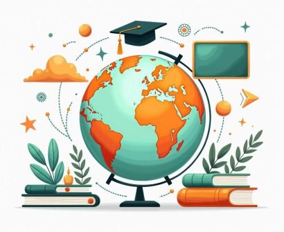 An open globe surrounded by various educational symbols such as books