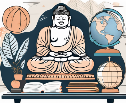 A teacher's desk adorned with typical thai elements like a tropical landscape