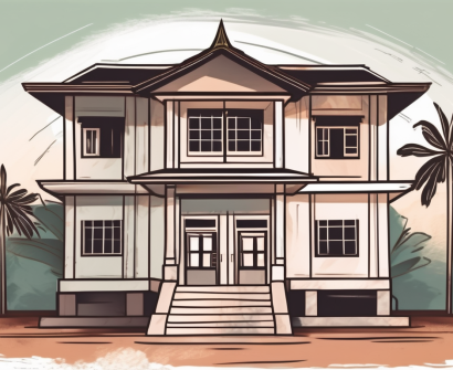 A traditional cambodian schoolhouse with a magnifying glass hovering over it