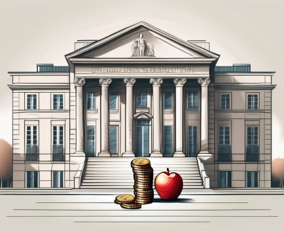 A classic parisian school building with a symbolic scale balancing a stack of coins and an apple