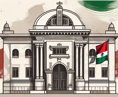 A traditional mexican school building with an international flag montage in the background